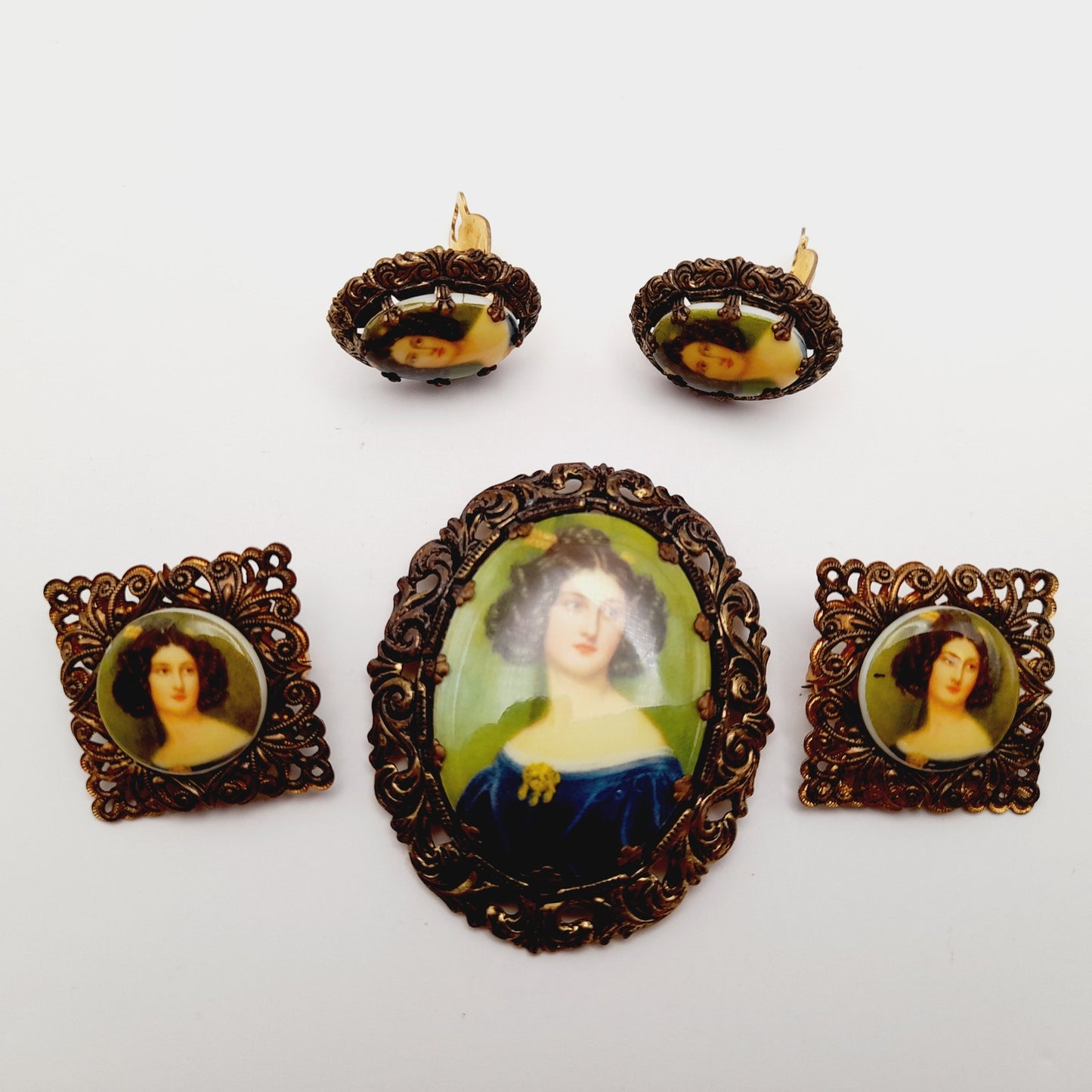 West Germany Vintage Brooch Earrings Twin Pins Set, Portrait Transfer Glass Gold Tone