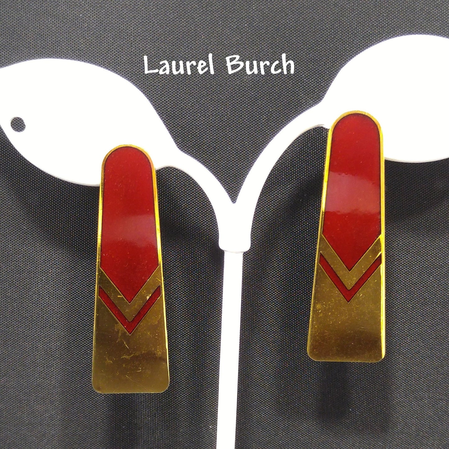 Vintage Laurel Burch Gold Red Chevron Post Earrings, 1980s, Gold Plated