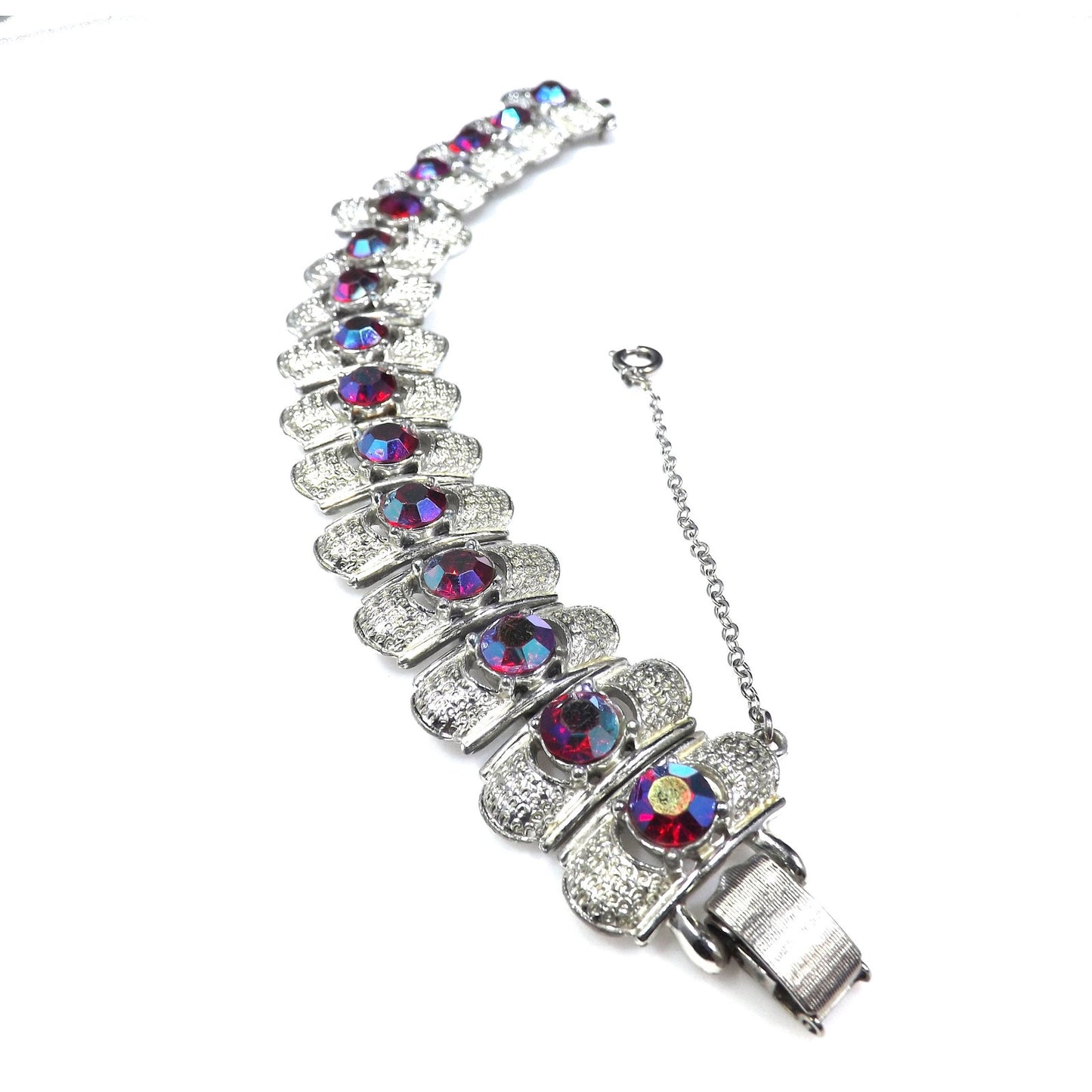 Coro Pegasus Red Aurora Borealis Rhinestone Bracelet, Rhodium Plated, 1950s Vintage Jewelry