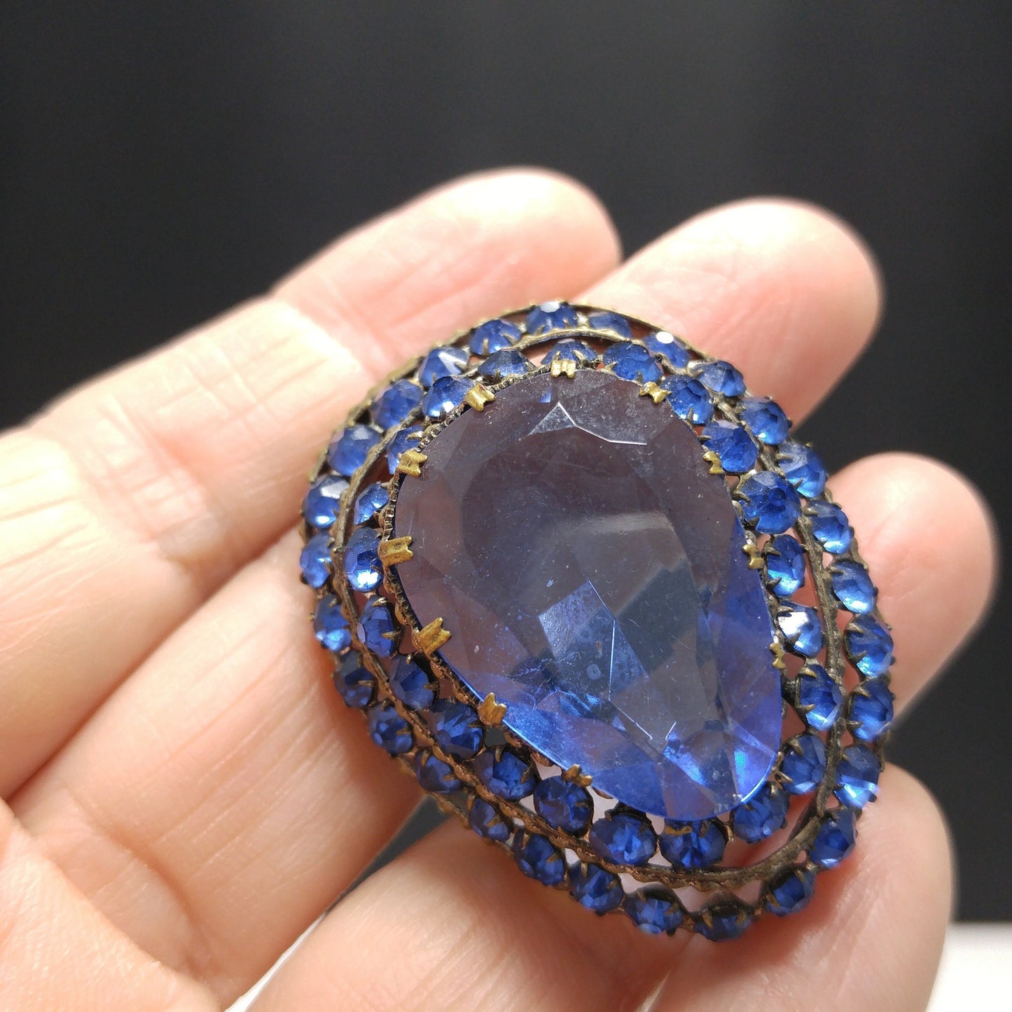 Czech Blue Glass & Rhinestone Dress Clip, 1940 Vintage Jewelry