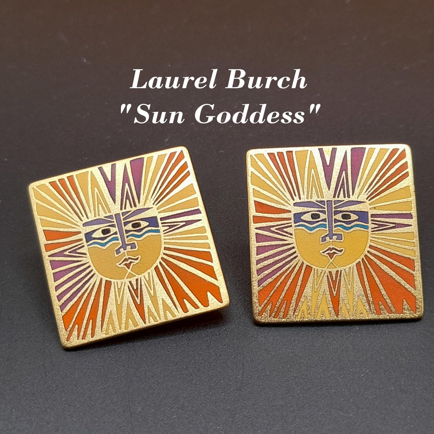 Laurel Burch "Sun Goddess" Clip Earrings, Satin Gold Plated Finish, Cloisonne Enamel, 1980s Vintage Jewelry