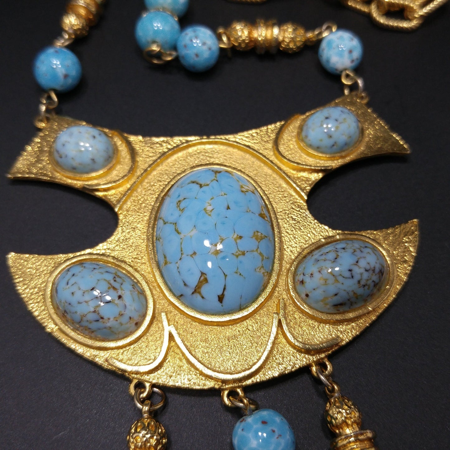 Vendome Pendant Necklace, Gold Plated, Faux Glass Turquoise, 1960s Vintage Jewelry