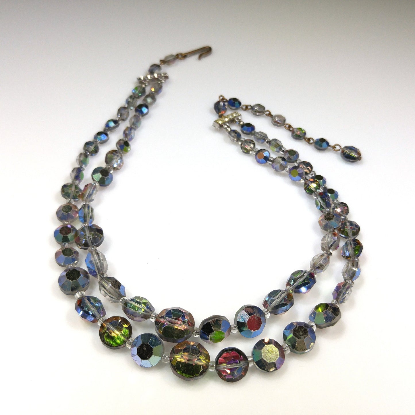 Rare Aurora Borealis Aspirin Bead Necklace, 2 Strands, Swarovski Crystal Beads, 1950s Vintage Jewelry