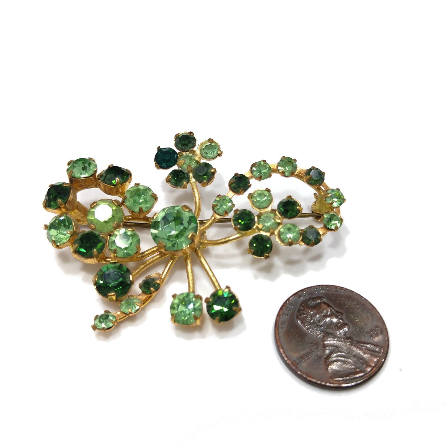 Vintage 1950s Austrian Green Rhinestone & Uranium Glass Brooch – Floral Design