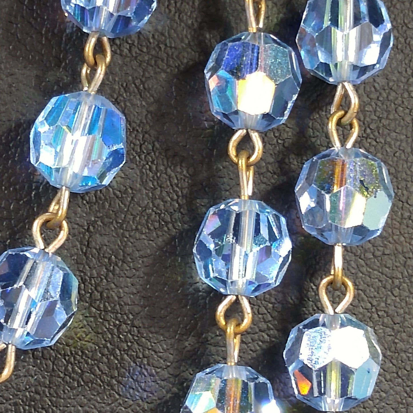 Blue Austrian Crystal Beaded Necklace, Long Rosary Style, 1960s Vintage Jewelry