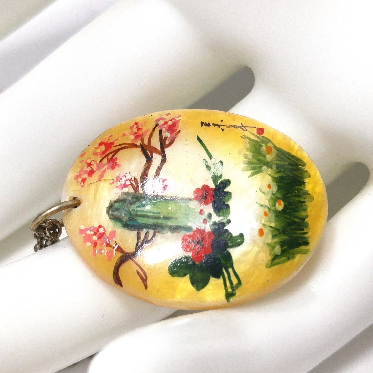 Vintage Asian Hand Painted Shell Pendant, Cherry Blossoms, 1960s Vintage Jewelry