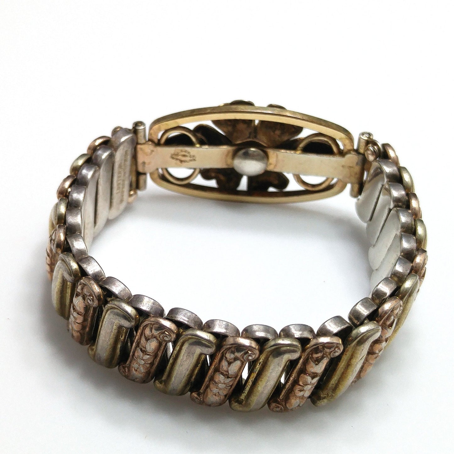 Antique Lustern Expansion Bracelet, 12KGF Sterling, Green Rhinestones, 1920s Vintage Jewelry