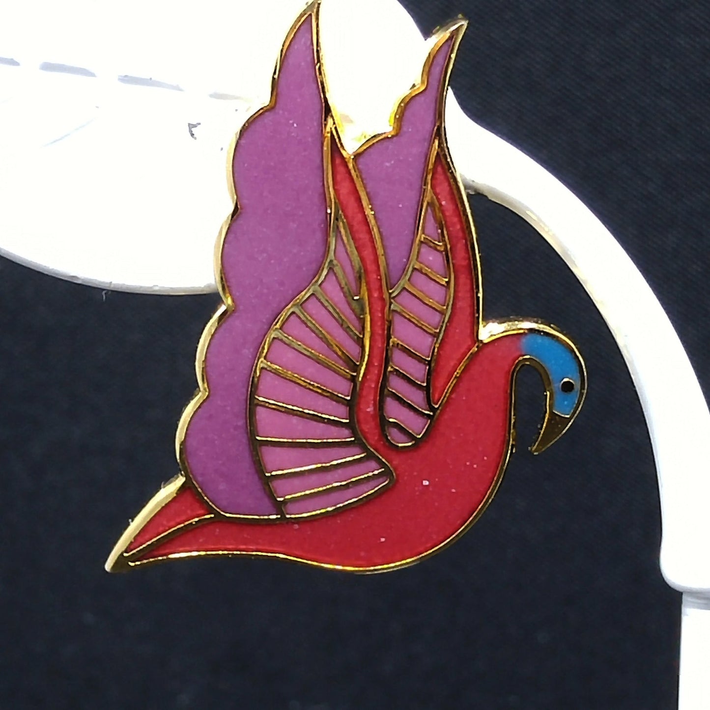 Laurel Burch "Swan" Cloisonné Post Earrings, Red Purple Pink Blue Enamel, Gold Plate, 1980s Vintage Jewelry