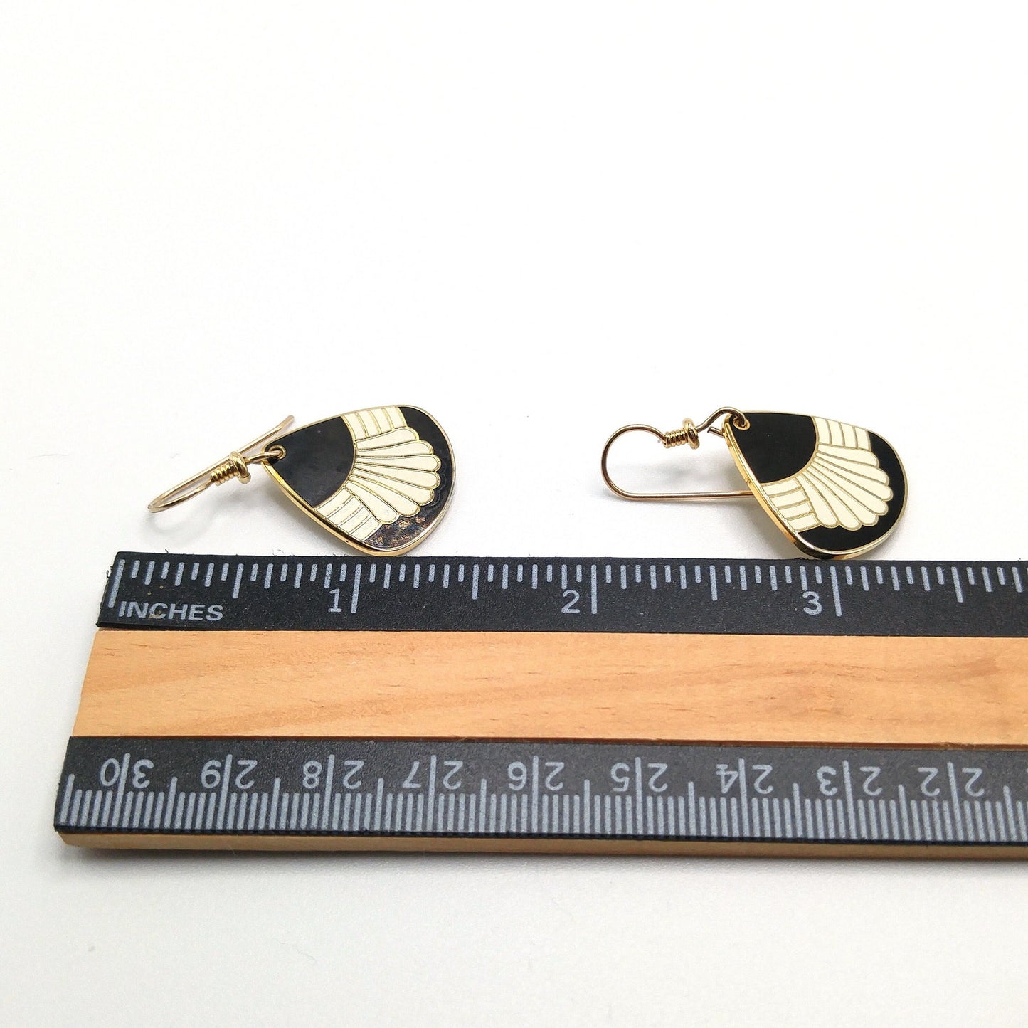 Vintage Laurel Burch "Waterfall" Drop Earrings, Black White Enamel, Gold Plated