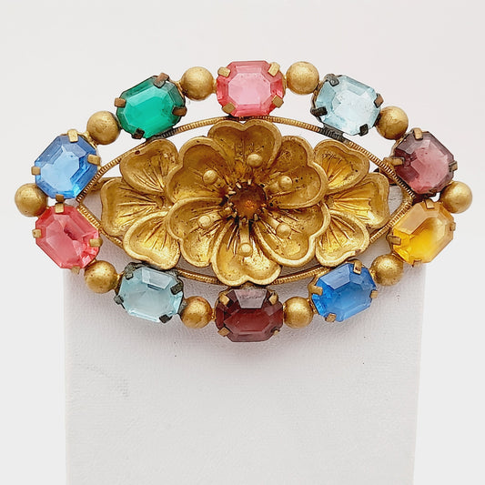 Vintage Floral Brooch – Gold Tone Flower with Multicolor Glass Rhinestones, 1930s–1940s Jewelry