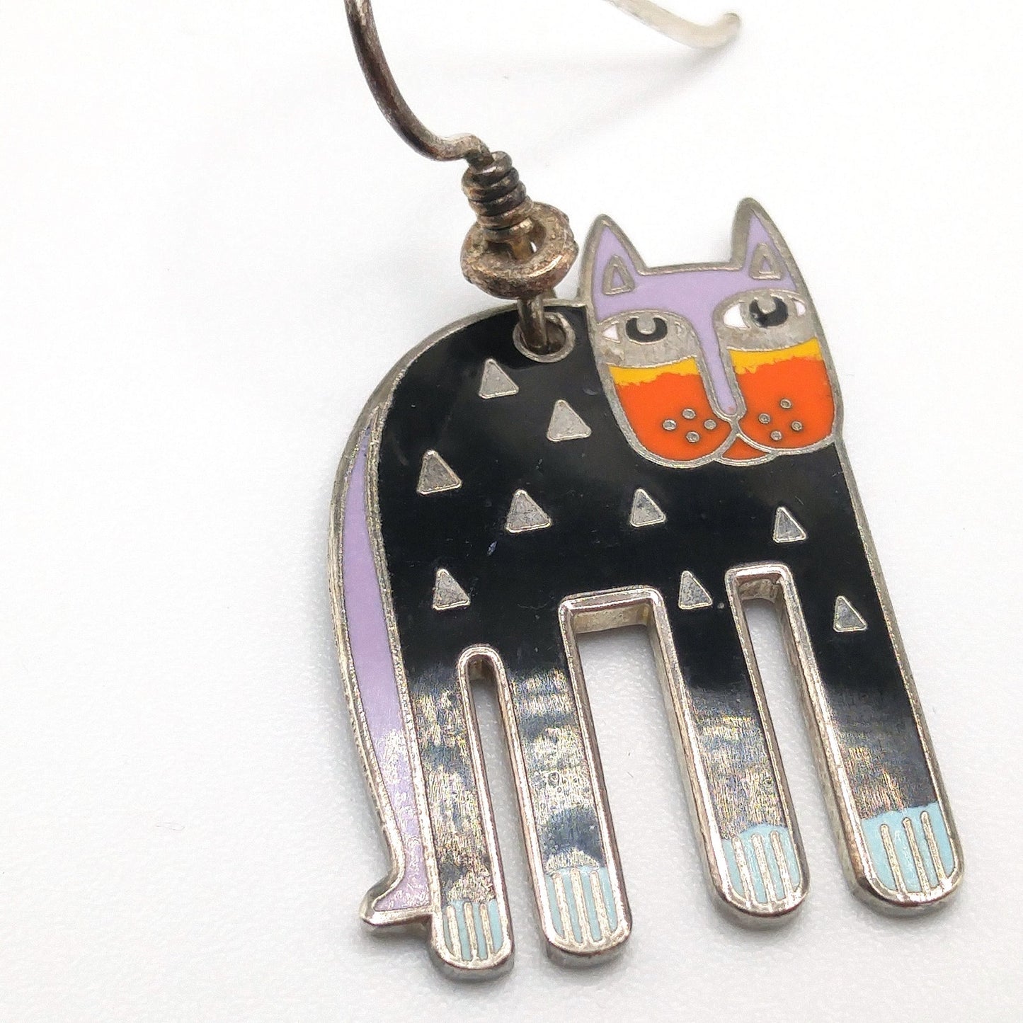 Laurel Burch "Alexander's Animal" Cat Earrings, Rhodium Plated Enamel, 1980s Vintage Jewelry