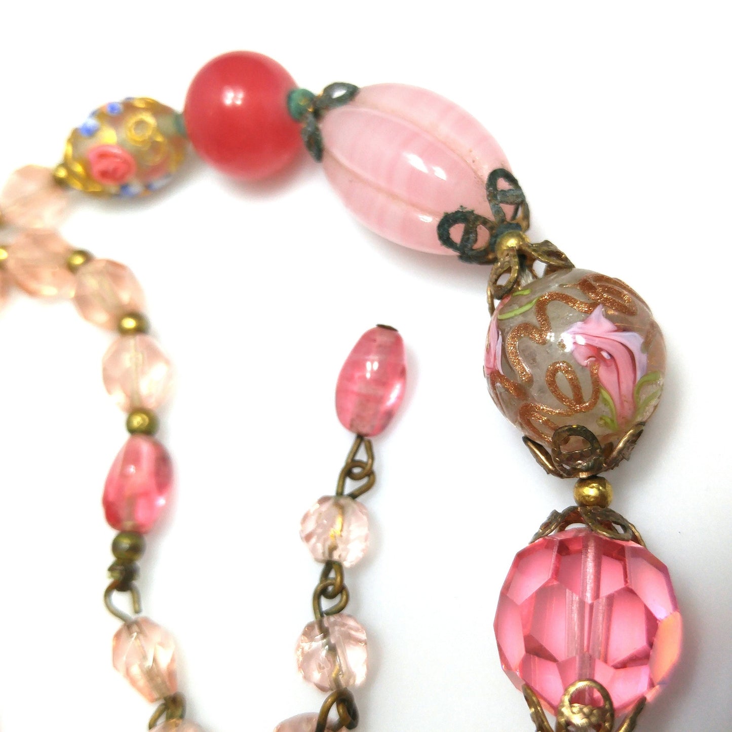 Wedding Cake Pink Choker Necklace, Crystal & Molded Beads, 1940s Vintage Jewelry