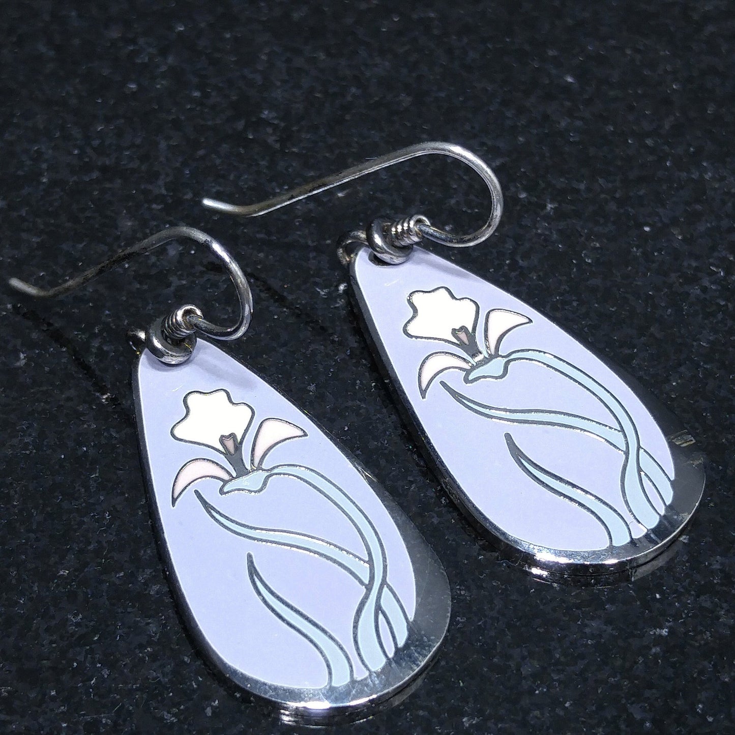 Laurel Burch "Wild Iris" Cloisonne Earrings, Enamel in Lavender White & Pink