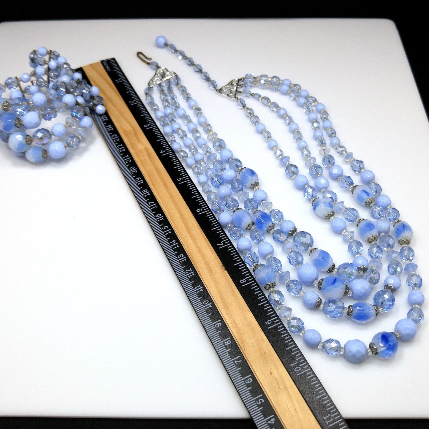 West Germany Blue Beaded Necklace & Bracelet, Art Glass Crystal Beads, 1950s Vintage Jewelry