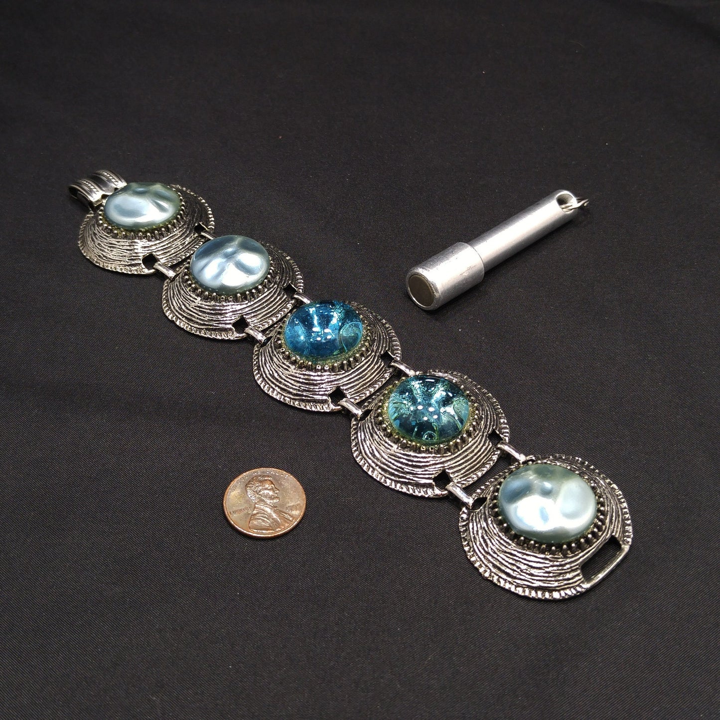 Mid-century Silver Tone Five Link Bracelet, Gold Plated, Blue Lucite Pearled & Clear