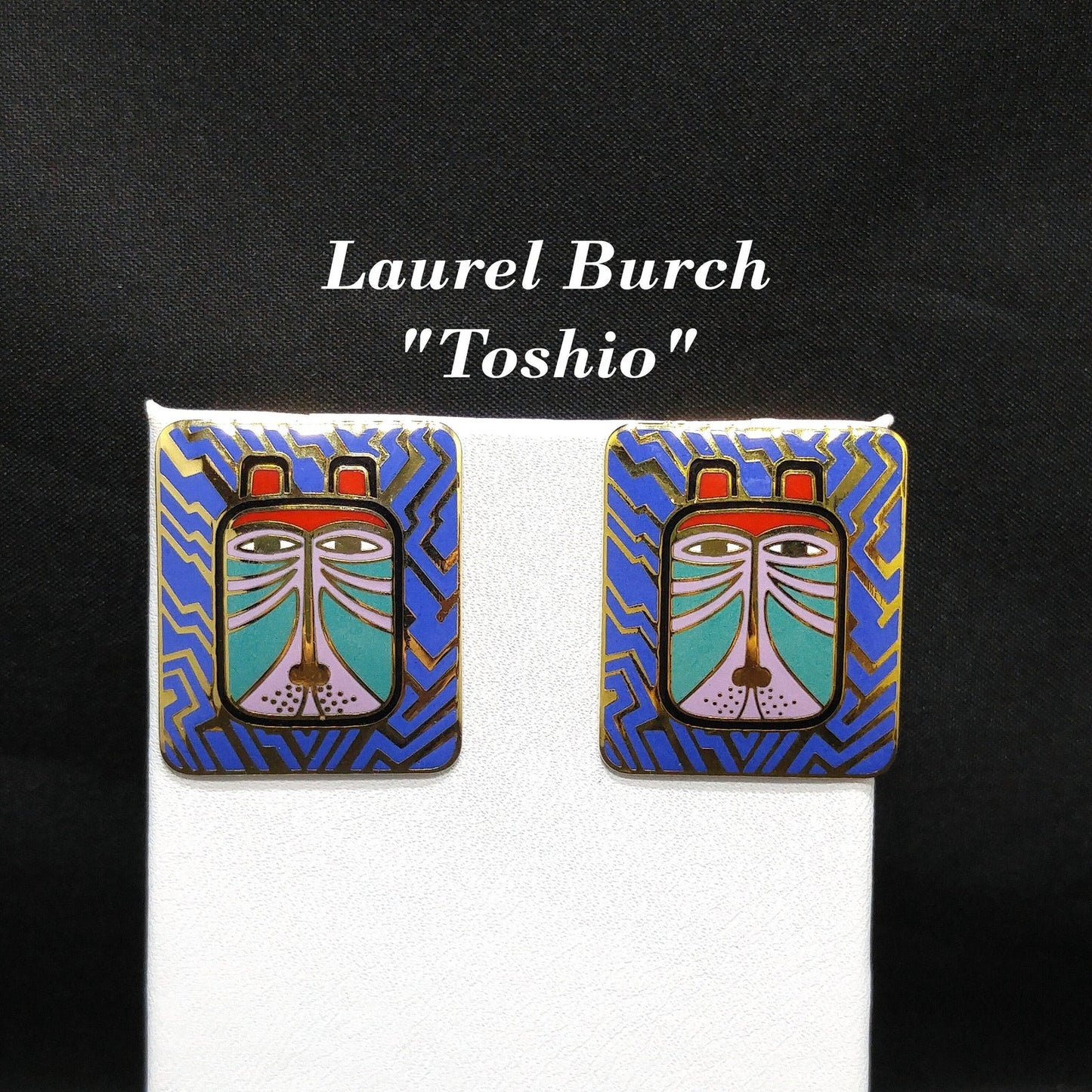 Laurel Burch "Toshio" Post Earrings, Gold Plated & Enamel Cloisonné, 1980s Vintage Jewelry