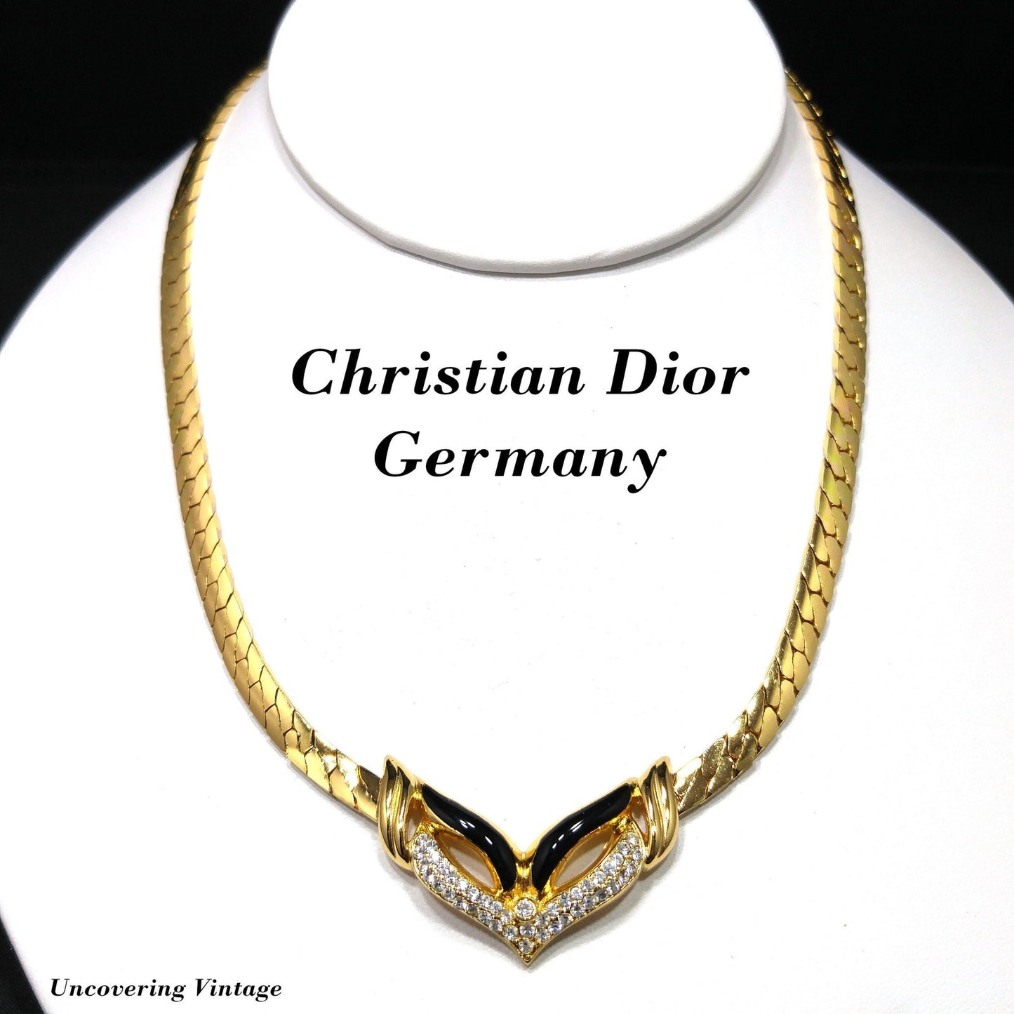 Vintage Christian Dior Germany Mask Pendant Necklace, Gold Plated, Black Enamel