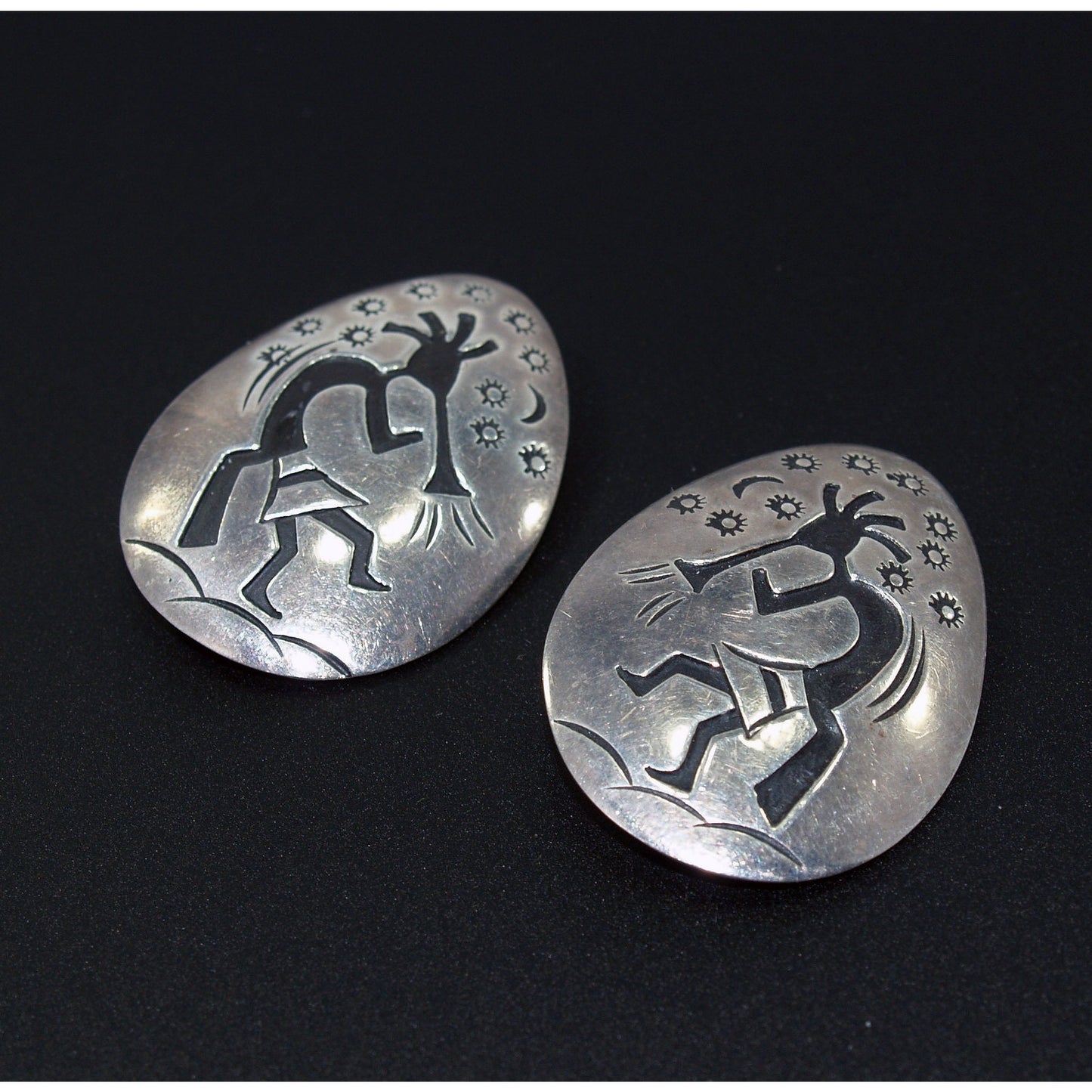 Navajo Clip Earrings, Sterling Silver Kokopelli, Della & Francis James, 1960s