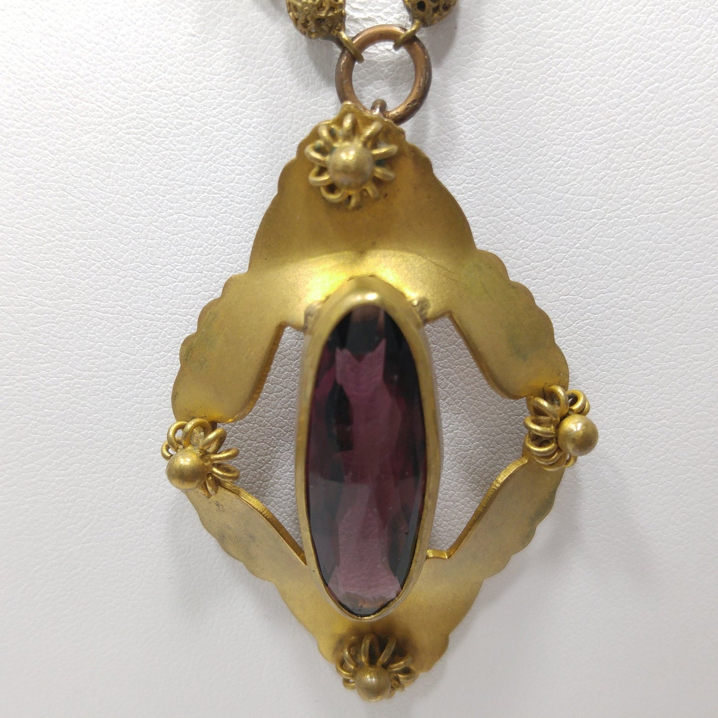 Victorian Purple Glass Pendant Necklace, Golden Brass, Early 1900s Vintage Jewelry