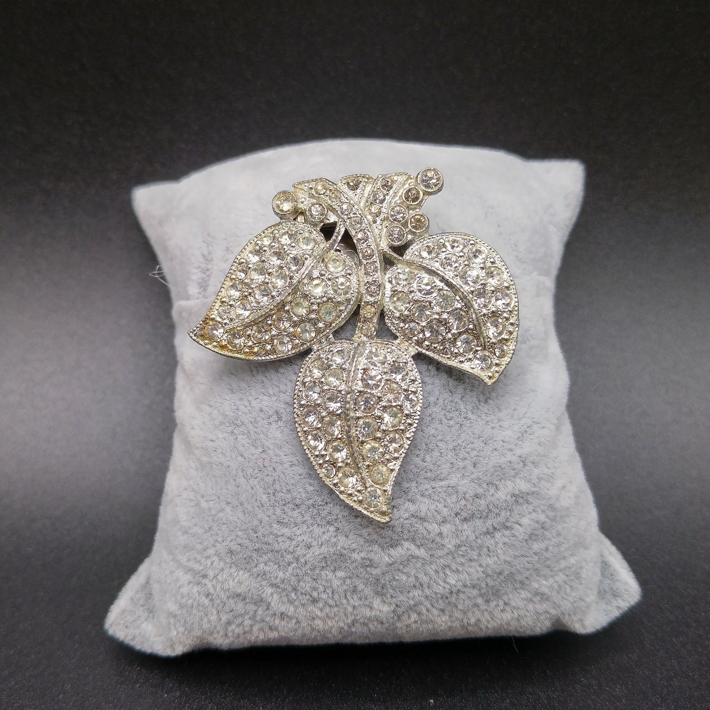 Leaves Clear Rhinestone Dress Clip, Pot Metal, 1930s Vintage Jewelry