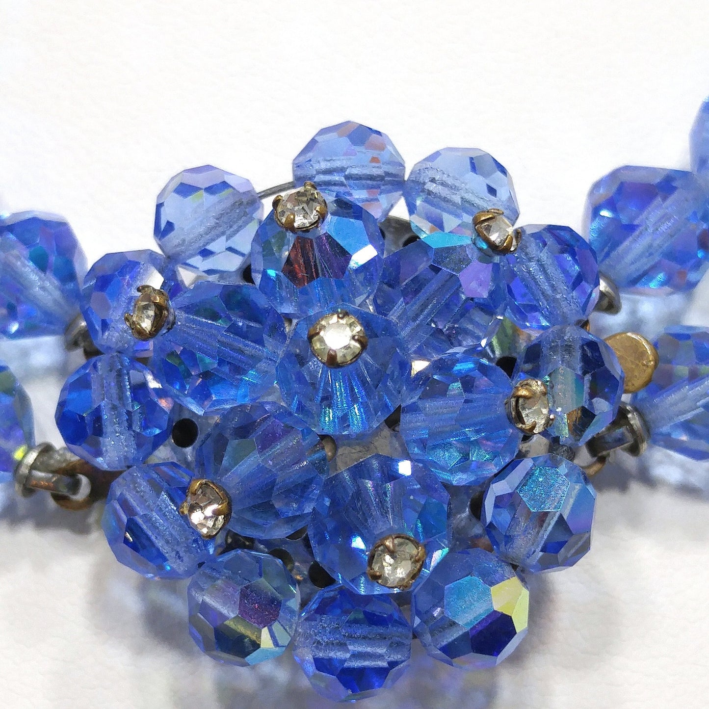 Vintage 1950s Aurora Borealis Blue Crystal Beaded Two-Strand Choker Necklace – Rhinestone Clasp