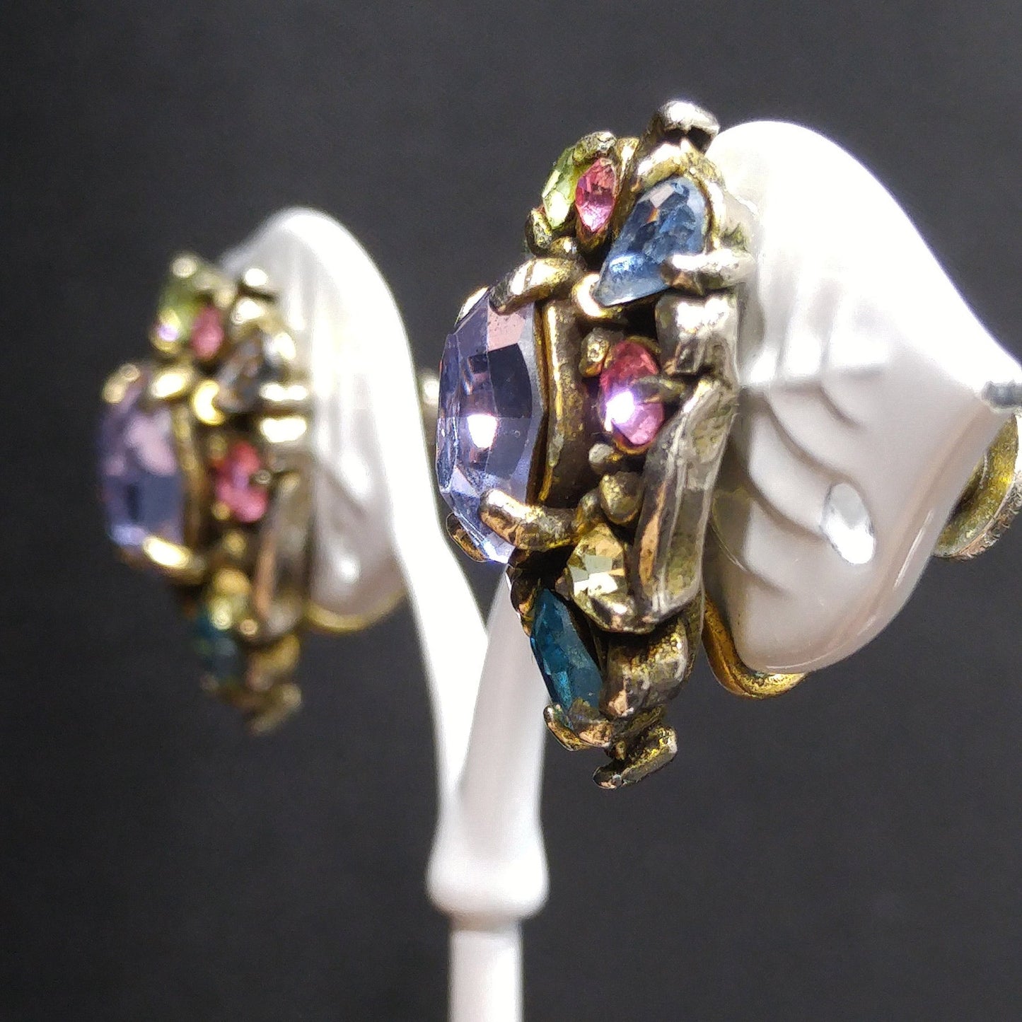 Hollycraft Pastel Rhinestone Earrings, Signed Copr 1950, Vintage Jewelry