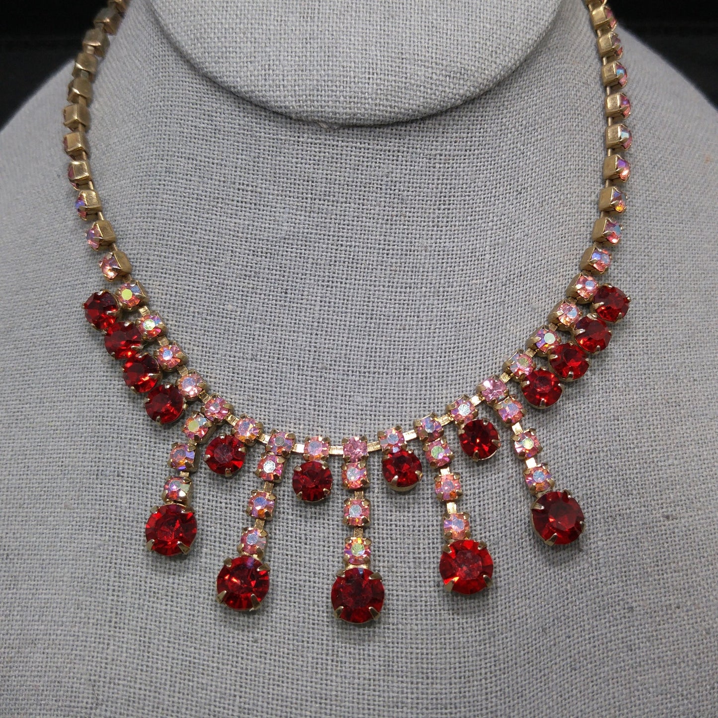 Red Pink Aurora Borealis Rhinestone Choker Necklace, 14 1/2 Inches, 1950s Vintage Jewelry