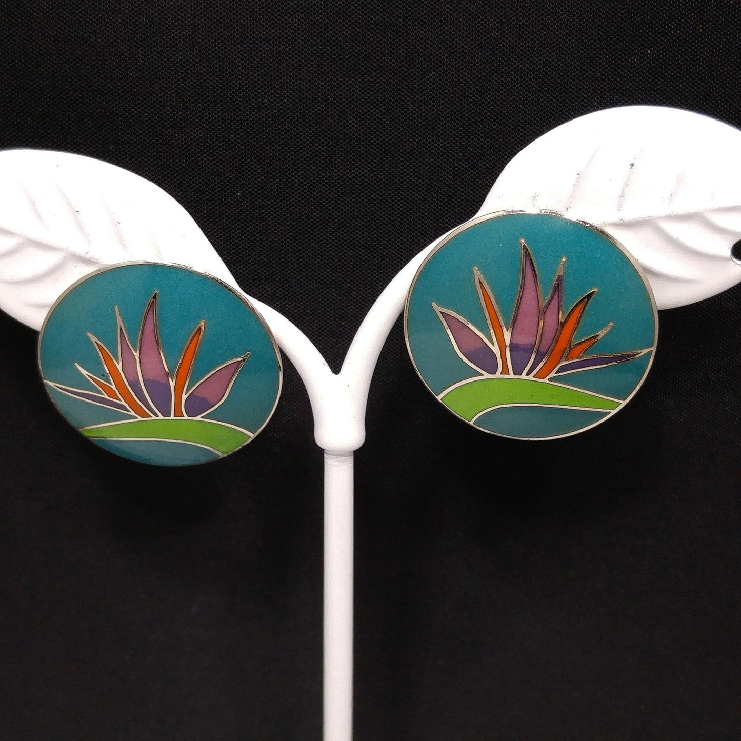 Vintage Laurel Burch Bird of Paradise Post Earrings, Silver Tone Cloisonné