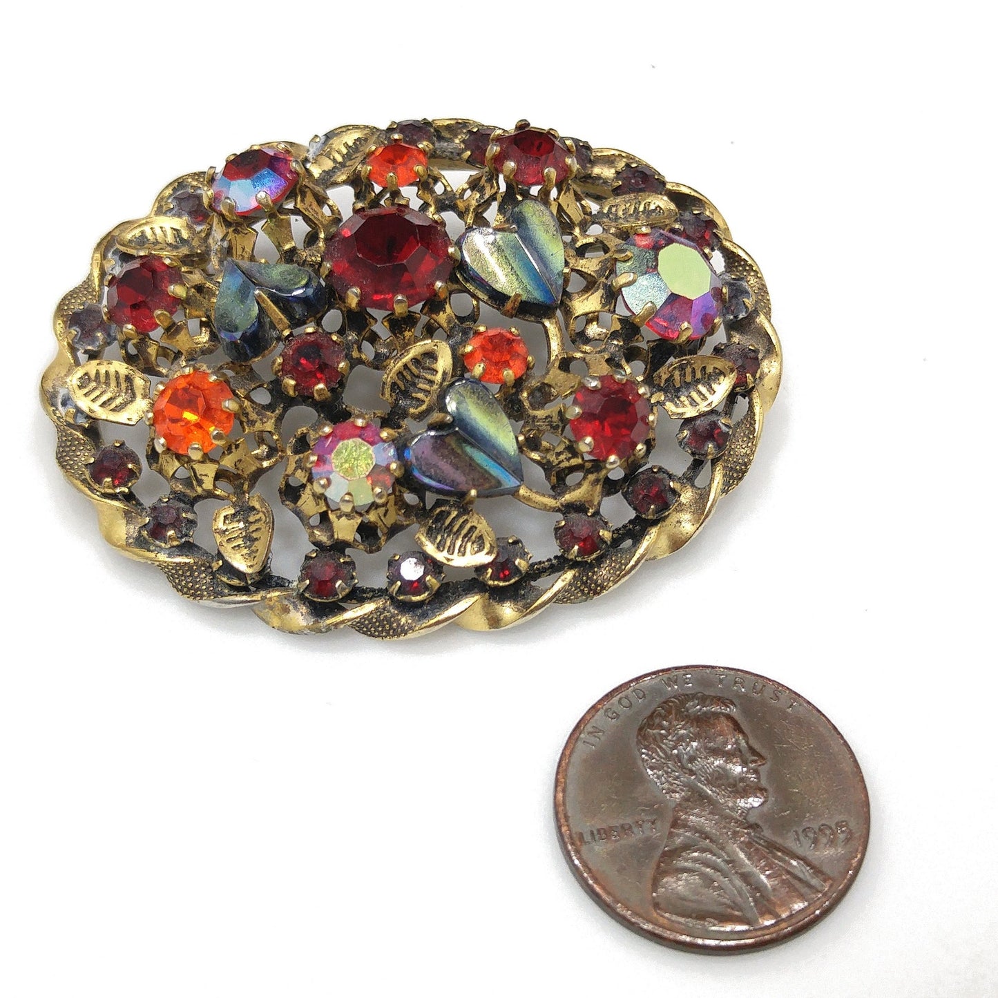 Austria Red Orange Rhinestone Gold Plated Brooch, Metallic Art Glass, 1950s Vintage Jewelry