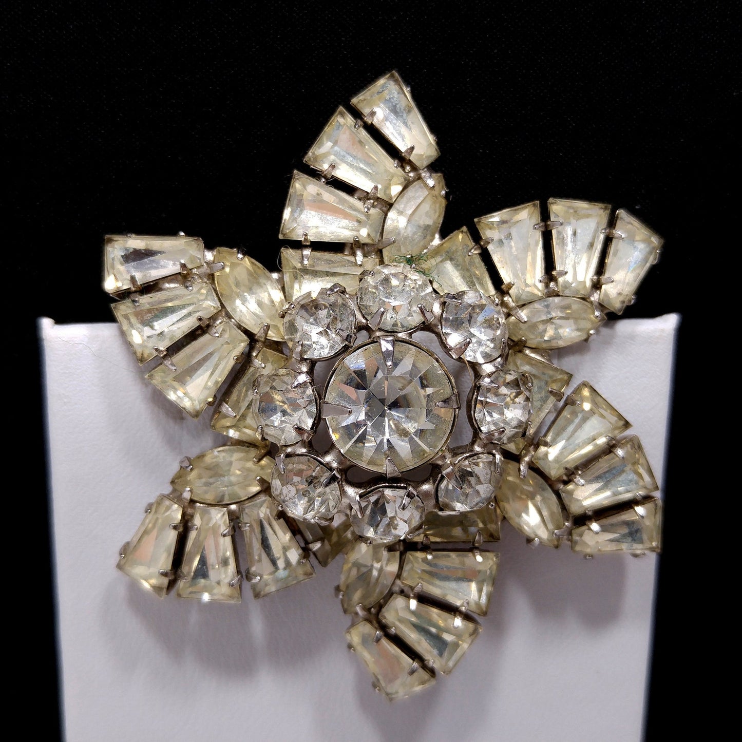 Mid Century Pinwheel Brooch, Clear Rhinestones, Rhodium Plated, 1950s Vintage Jewelry