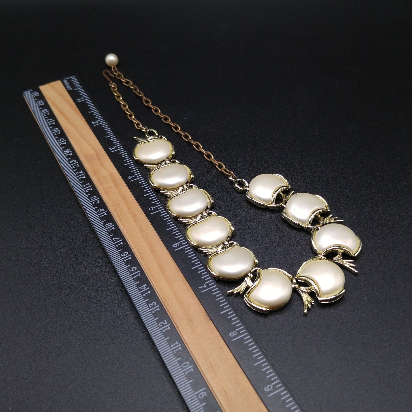 Creamy White Pearled Link Choker Necklace, Mid-Century, Gold Tone, 1950s Vintage Jewelry
