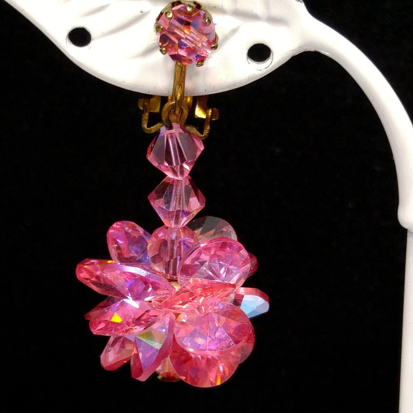 Pink Flat Crystal Brooch & Earrings, Aurora Borealis, 1960s Vintage Jewelry
