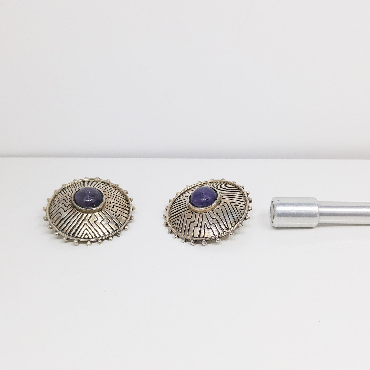 Laurel Burch Amethyst Clip Earrings, Purple Gemstone, Gold Plated, 1980s