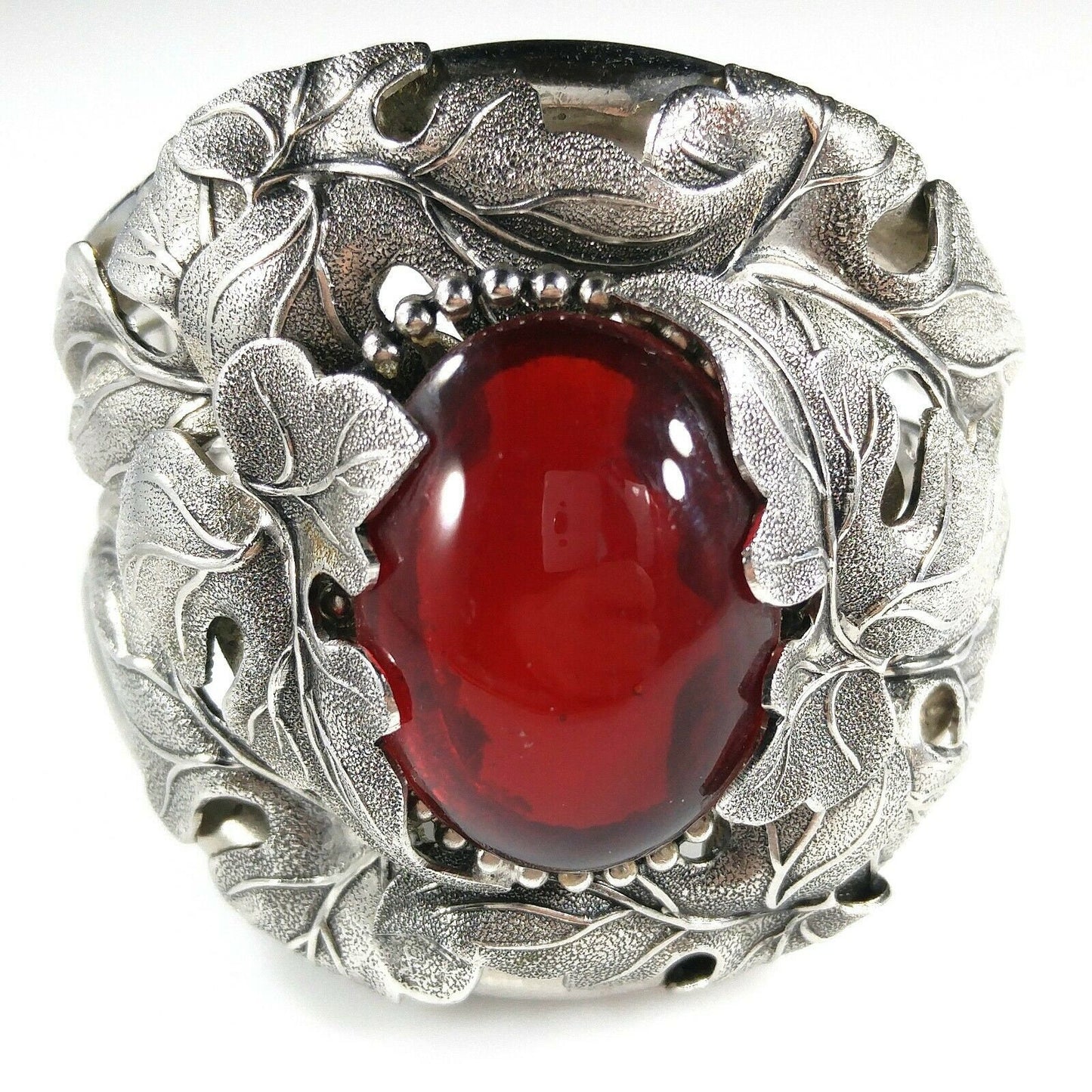 Vintage Whiting & Davis Hinged Cuff Bracelet, Red Glass Cabochon, Rhodium Plated, 1960s Vintage Jewelry