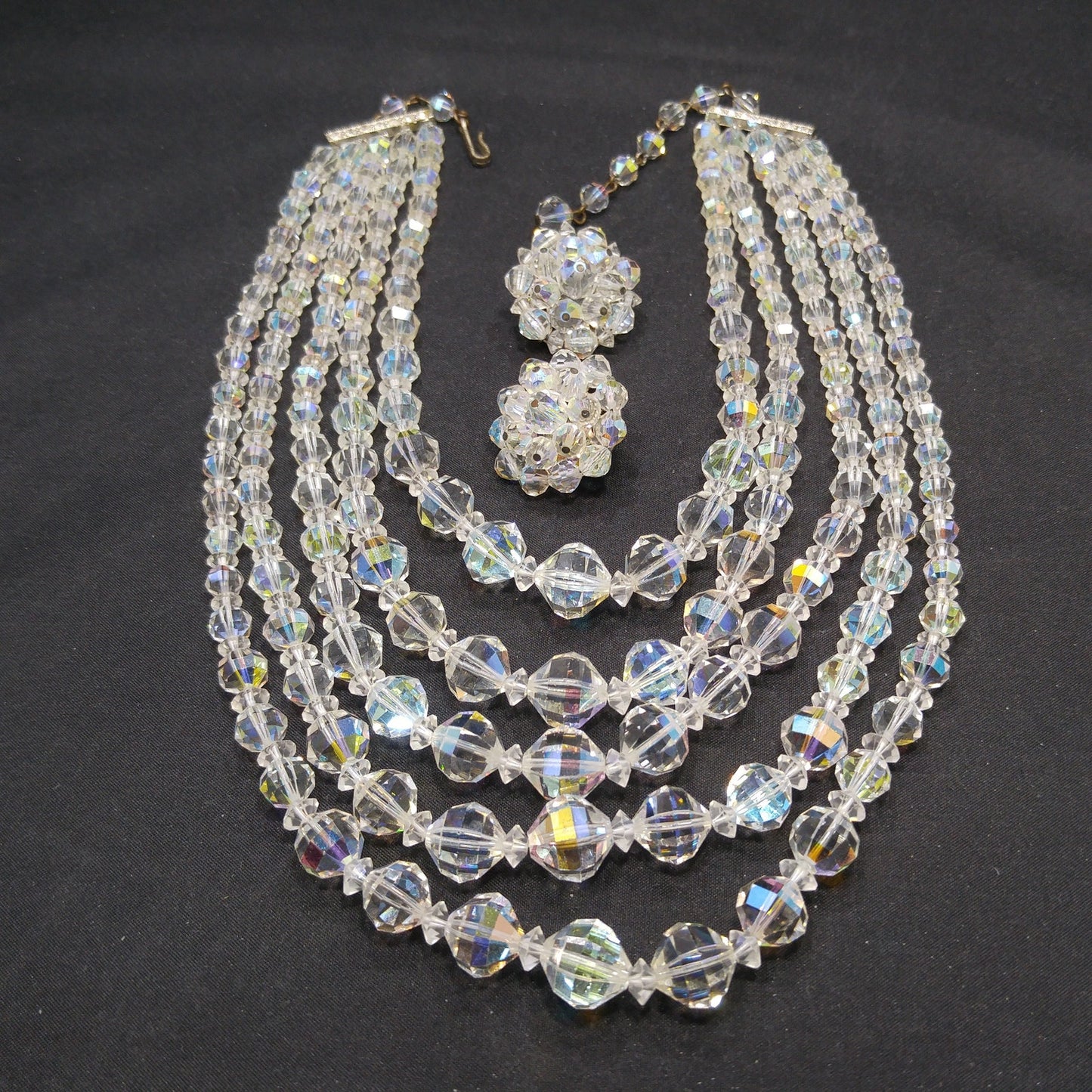 Laguna AB Crystal Beaded Necklace, Five Strands, Aurora Borealis Beads, 1950s