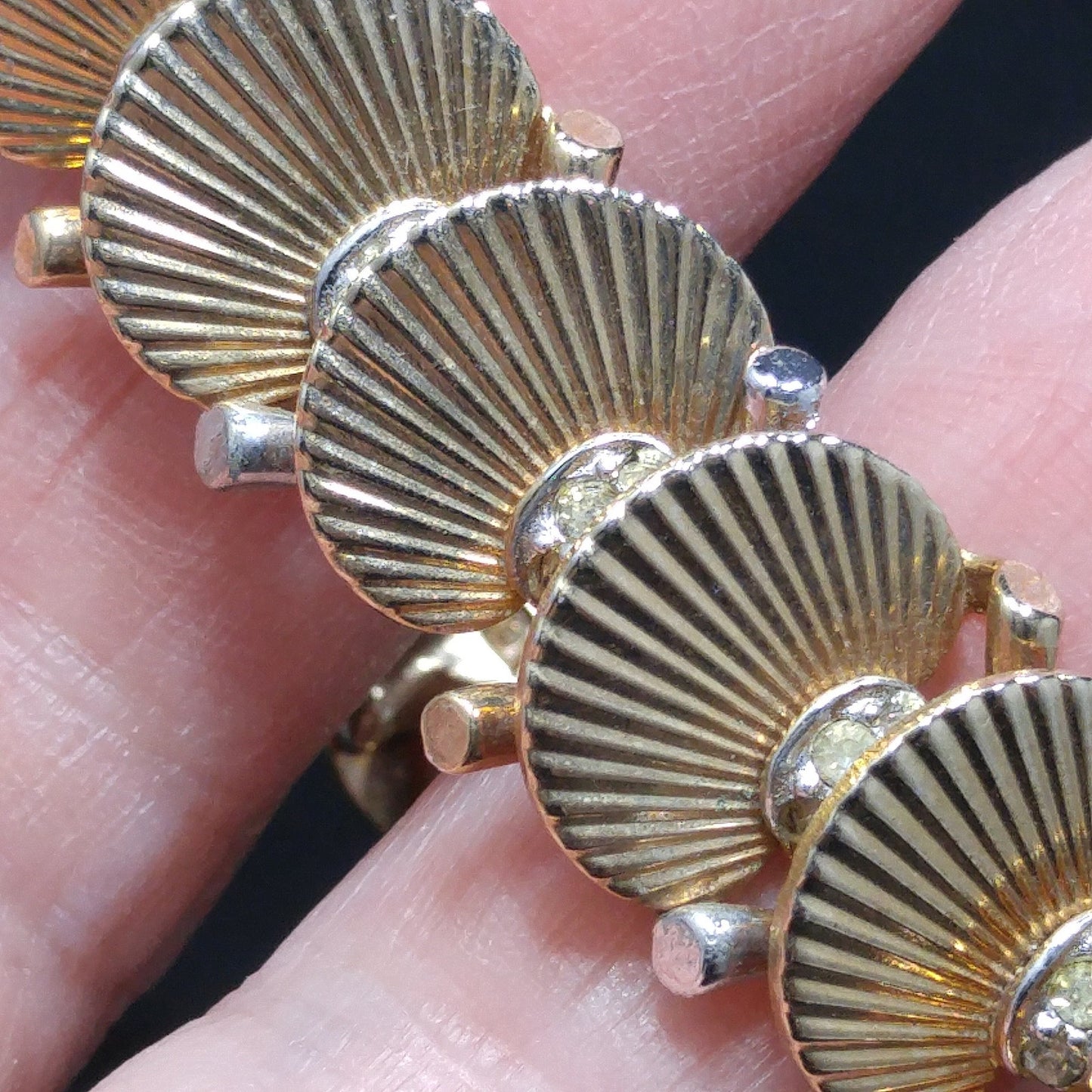 Boucher Deco Fan Bracelet, Clear Rhinestones, Overlapping Links, 1960s Vintage Jewelry