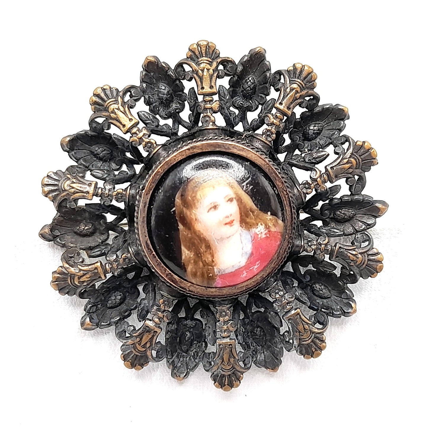 Antique Edwardian Portrait Brooch, C Clasp, Brass Filigree, Early 1900s