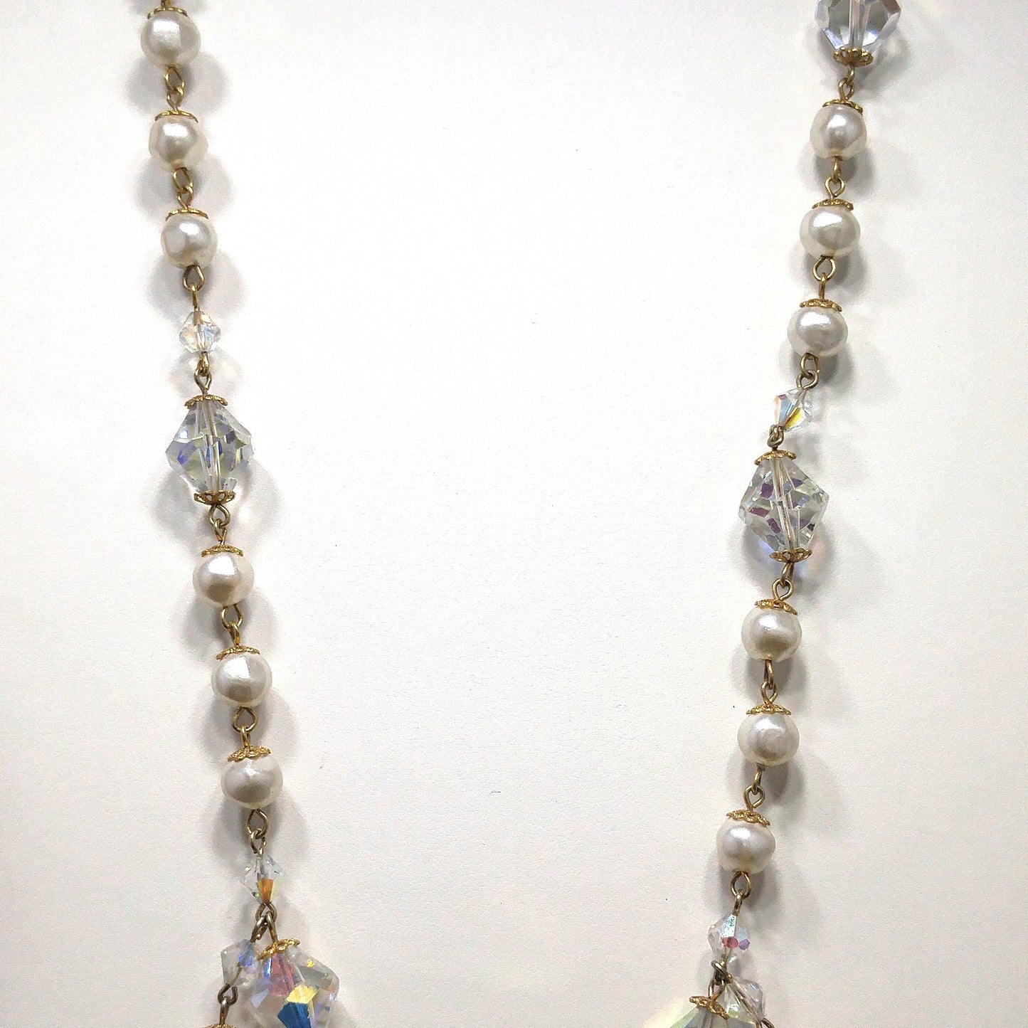 Vintage Crystal Faux Pearl Dangle Necklace, Large Aurora Borealis Crystal Beads, Vintage Jewelry