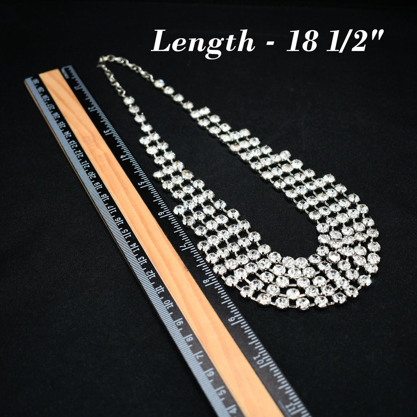 Vintage Clear Rhinestone Frontal Necklace, Rhodium Plating, 18 1/2 Inches, 1980s Vintage Jewelry