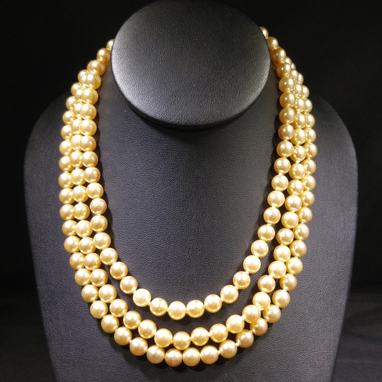 Faux Pearl Champagne Necklace, Three Strands, Glass Pearls, 1960s Vintage Jewelry