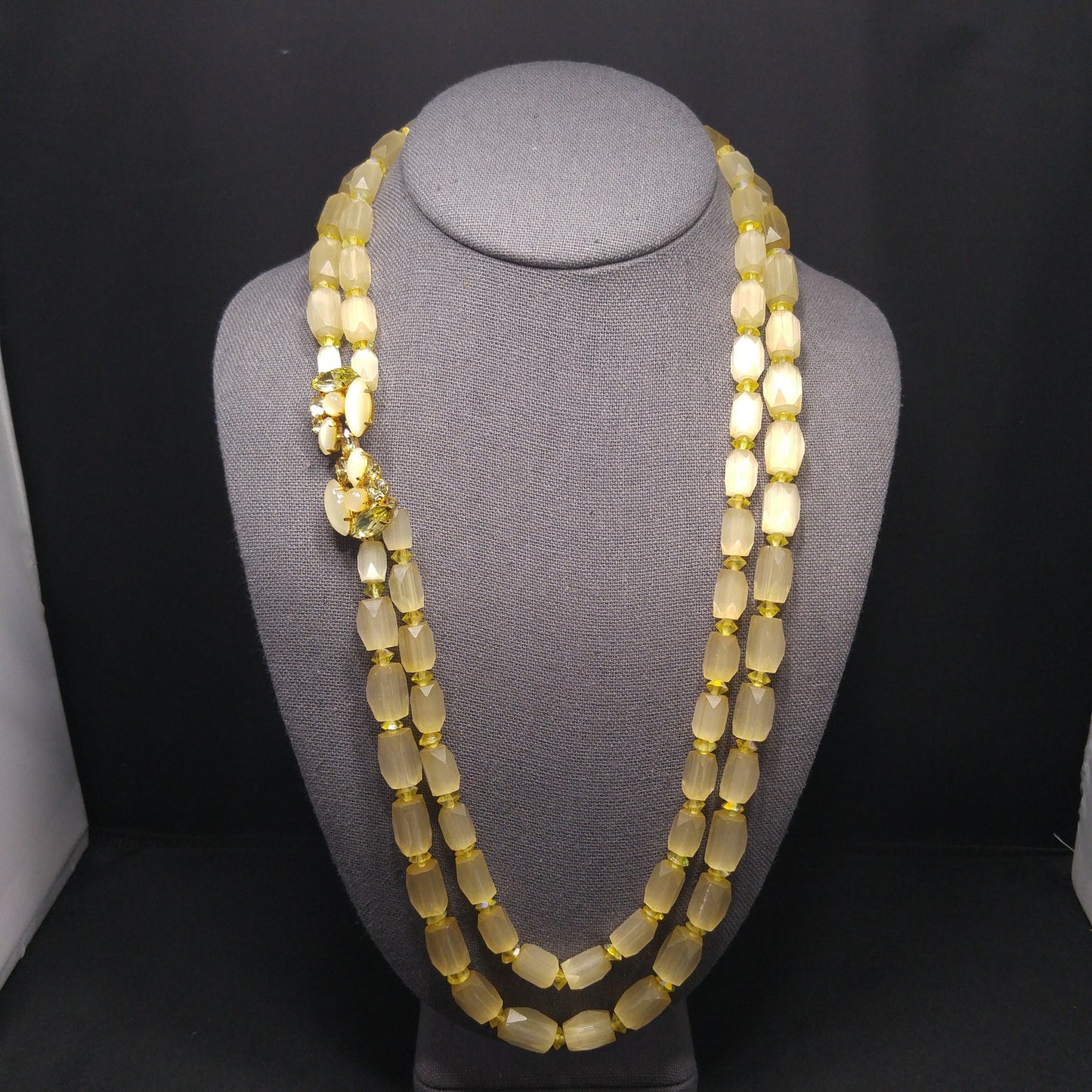 Czech Art Glass Hand Cut Satin Bead Necklace, Yellow Fire Polished Crystals