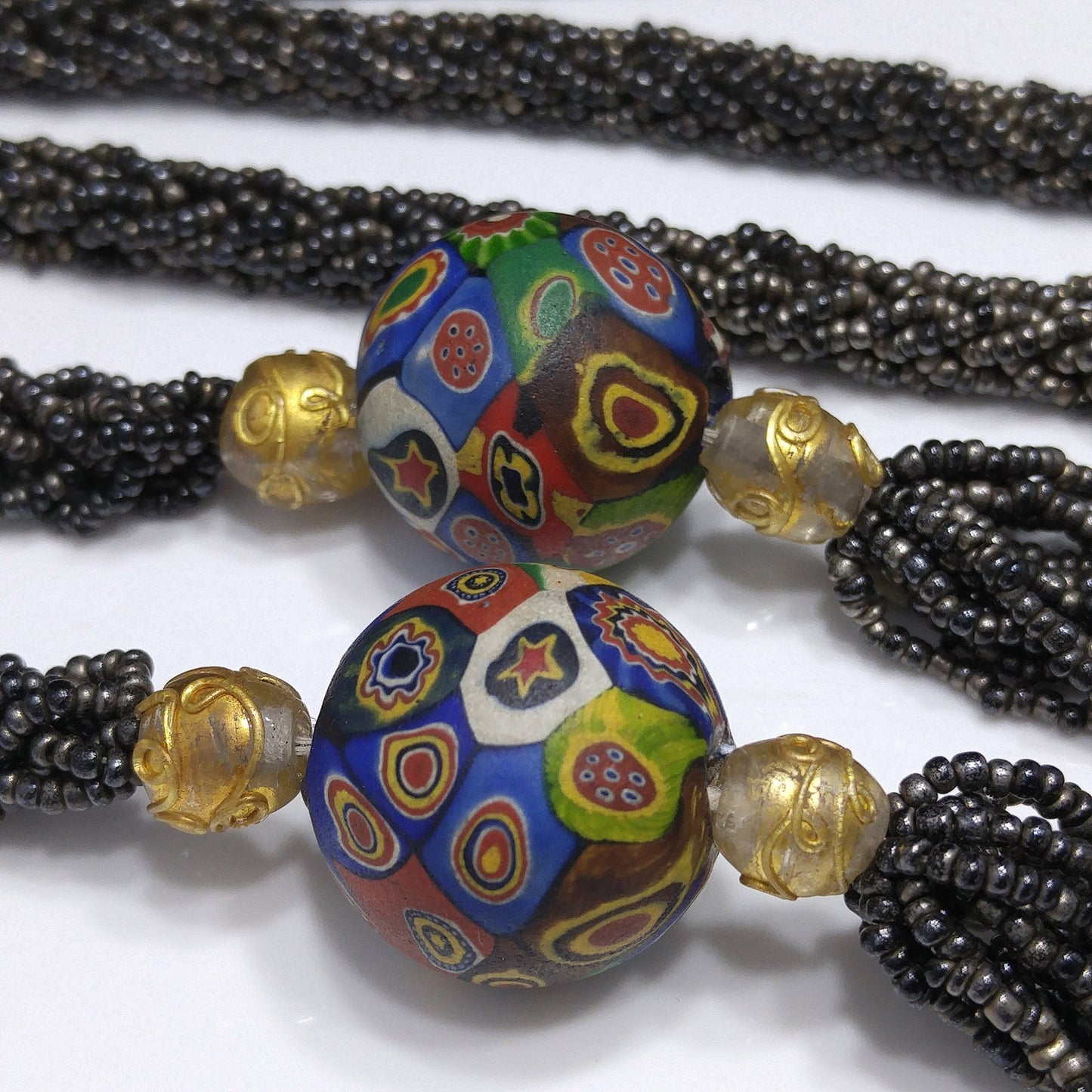 Vintage Art Deco Murano Millefiori Seed Bead Lariat Flapper Necklace, 1920s