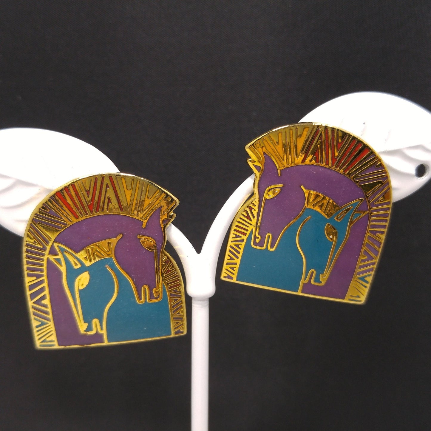 Laurel Burch "Embracing Horses" Post Earrings, Purple & Teal Enamel, Gold Plated
