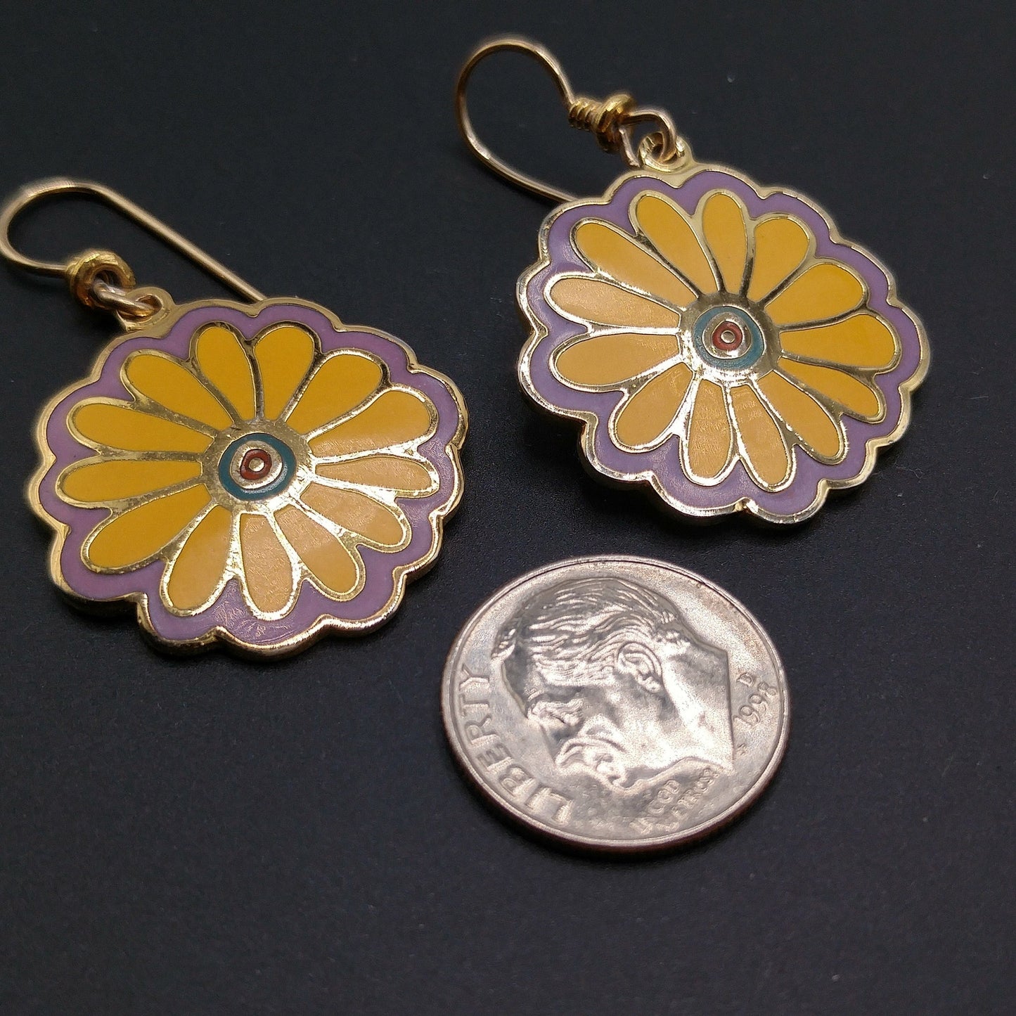 Laurel Burch "Flower Song" 1993 Flower Earrings, Gold Plated, Yellow Purple Enamel, 1990s Vintage Jewelry