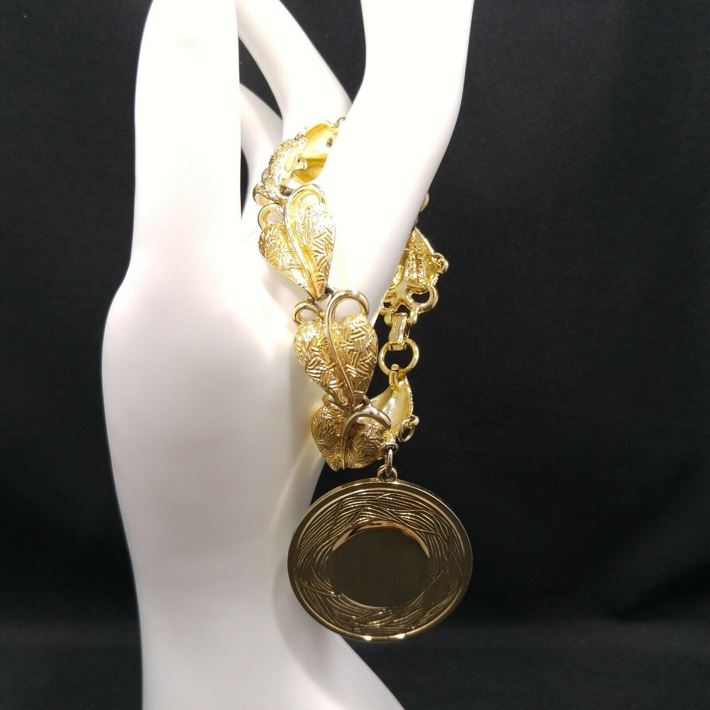 Coro Pegasus Heart Leaf Bracelet, Engravable Charm, Gold Plated, 1950s Vintage Jewelry