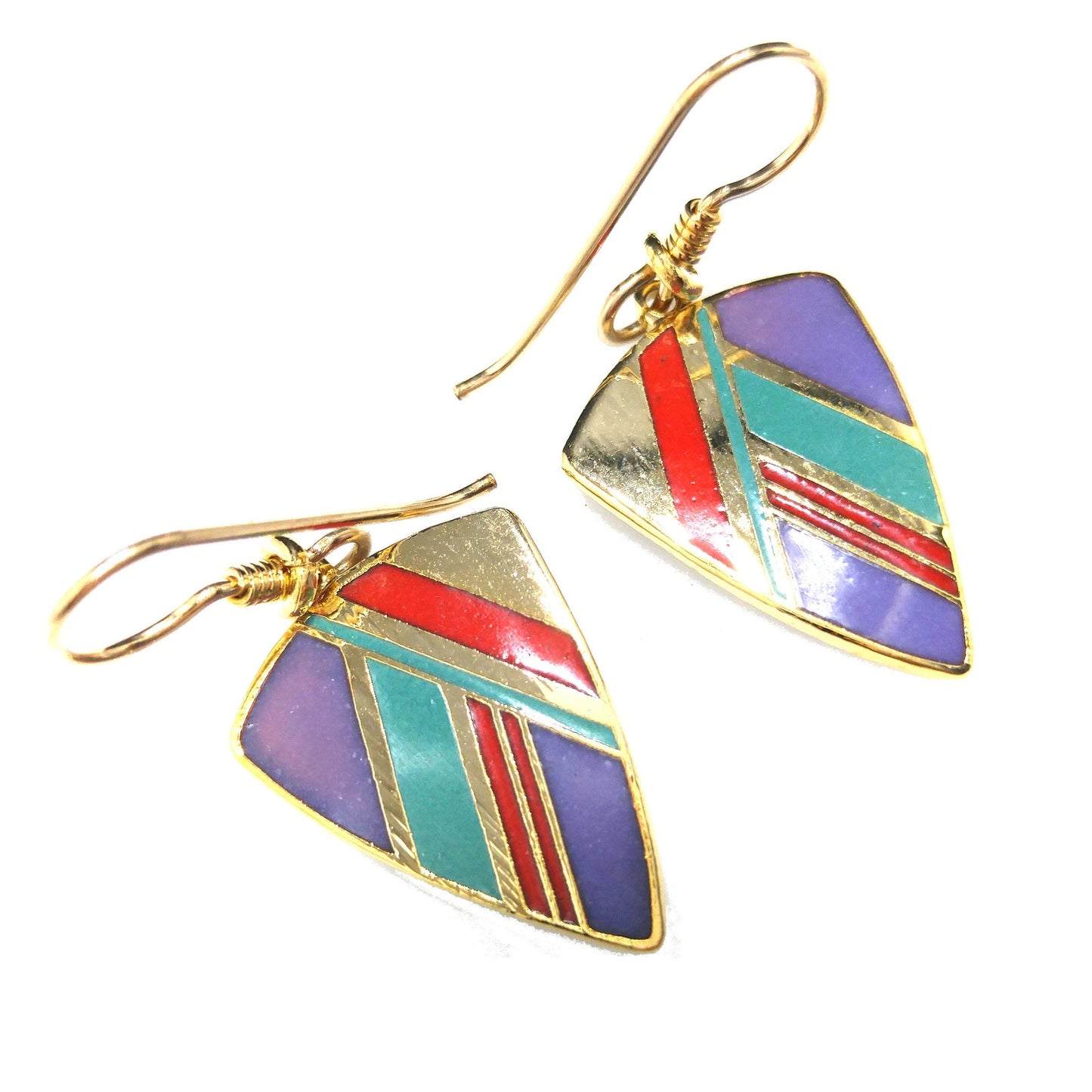 Vintage Laurel Burch Gold Plated Dangle Earrings, Enamel Teal Purple Red