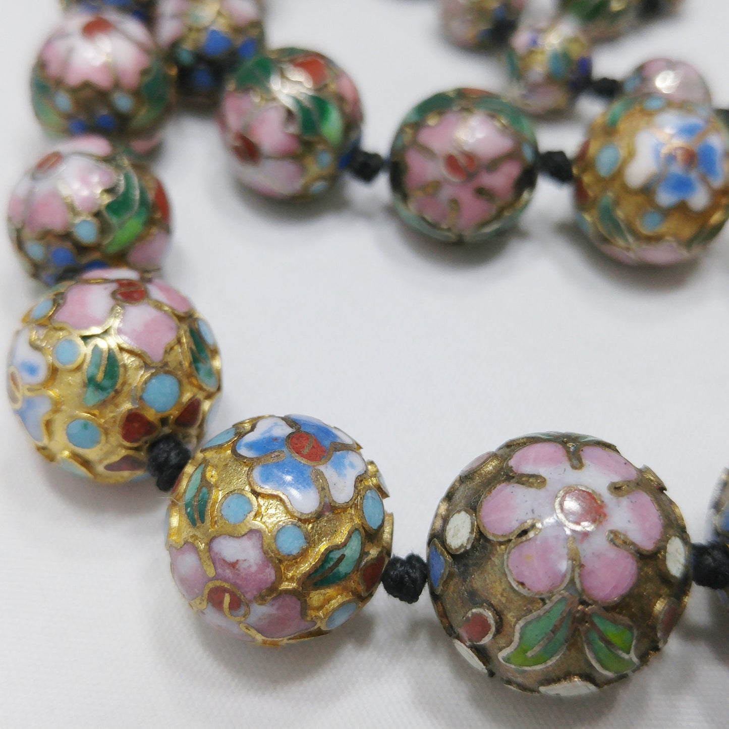 Vintage Cloisonne Beaded Necklace, Hand Knotted, Hand Painted Floral Beads, 1960