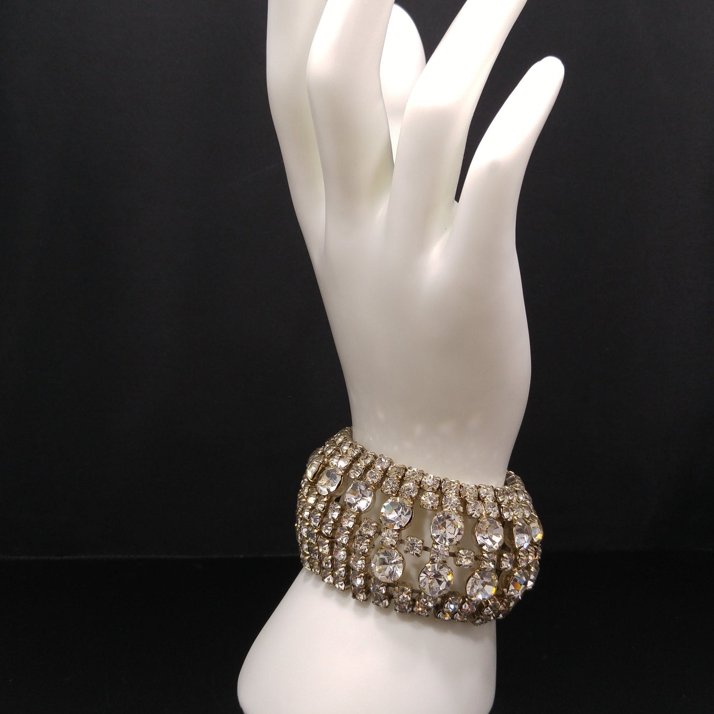 Mid Century Clear Rhinestone Wide Bracelet, 22K Gold Plate, 1950s Vintage Jewelry