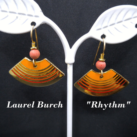 Vintage Laurel Burch "Rhythm" Earrings, Orange Enamel, Gold Plated