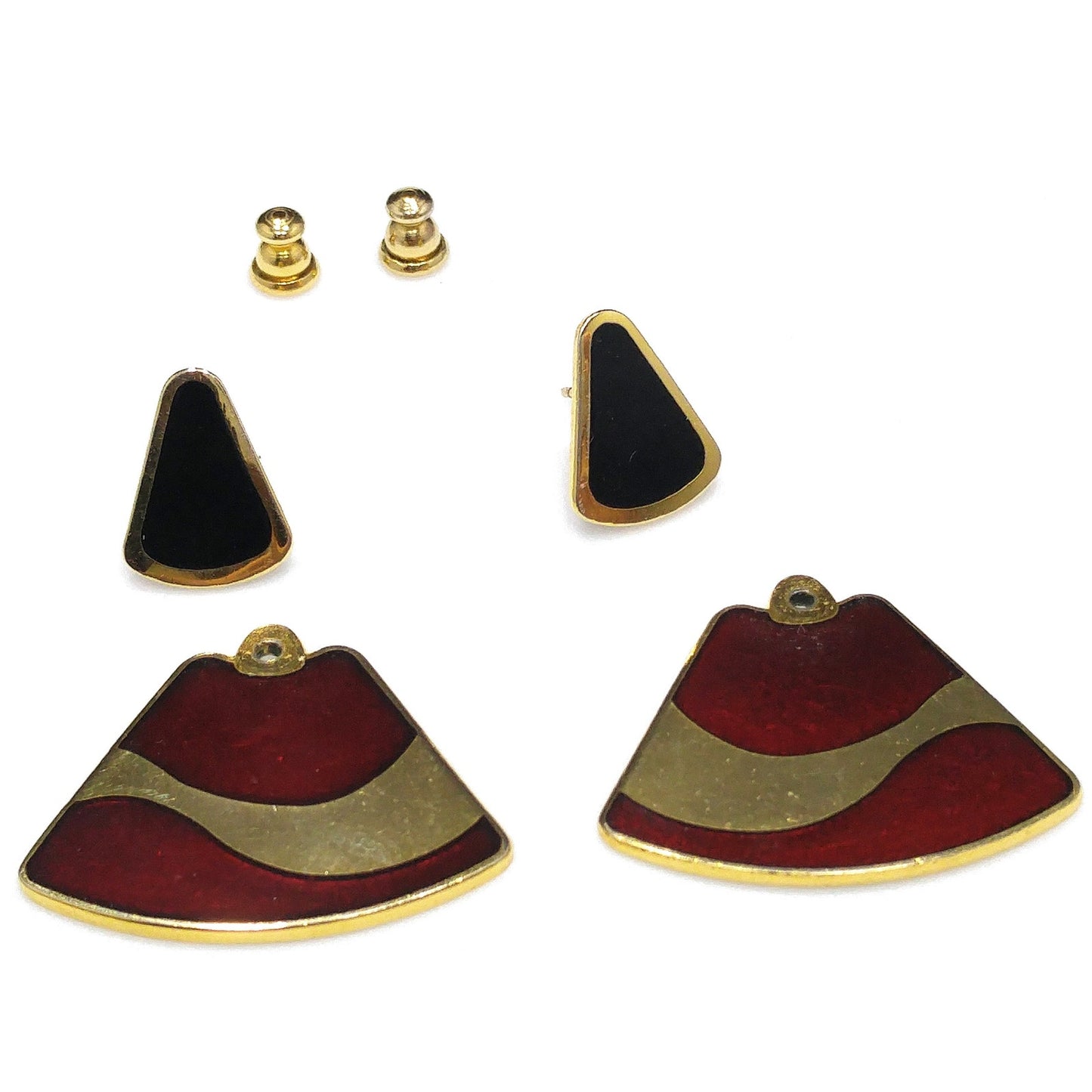 Laurel Burch Black Red 2 in 1 Earrings, Gold Plated, 1980s Vintage Jewelry